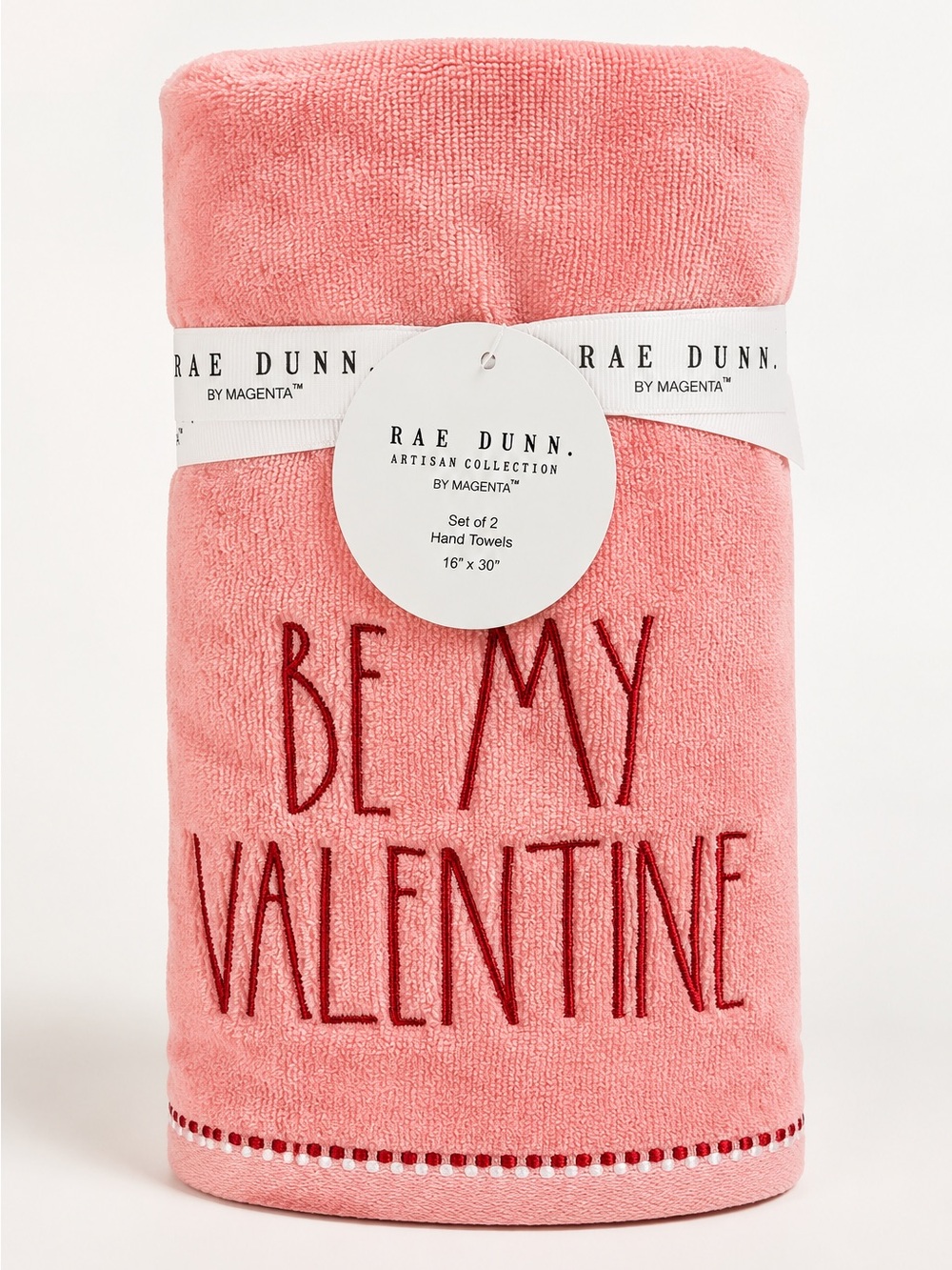 NWT Rae Dunn “Be My Valentine” Hand Towels Set of 2 | Pink Embroidered 16x30
